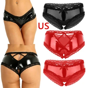 Womens PVC Lingerie Crotchless Bikini Briefs Wet Look Latex Panties Underwear - Picture 1 of 42