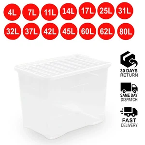 Plastic Storage Boxes With Clear Lids Home Office Kitchen Garage Stackable Boxes - Picture 1 of 17