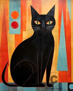 Gatto nero grandi occhi seduti su tavolo atomico metà secolo stampa artistica giclée 8X10 - Foto 1 di 2