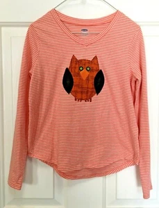 Girl's ls tee, size 8, embellished ready-made, apricot striped with owl applique - Picture 1 of 2