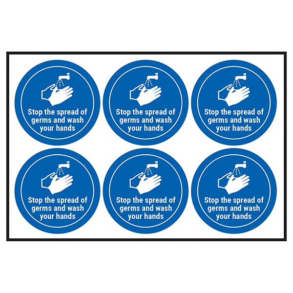 6 Stop The Spread Of Germs and Wash Your Hands Health & Safety Signs Stickers - Image 1 of 1