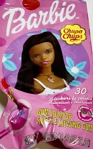 Vintage 2000 Barbie Chupa Chups Lutscher mit Aufkleber, SCHWARZ BARBIE, rosa Packung - Bild 1 von 2