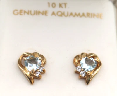 Lovely Signed 10k Yellow Gold Aquamarine & CZ Heart Stud Earrings w/ Box 1.51g - Image 1 of 4