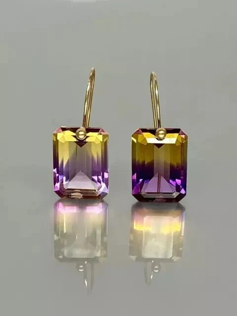 3Ct Emerald Cut Lab Created Ametrine Drop Dangle Earrings 14K Yellow Gold Plated - Image 1 of 4