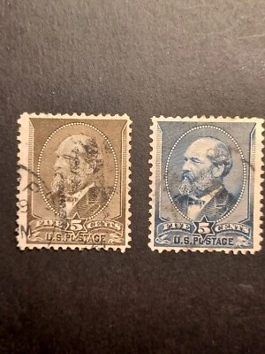 SELLOS DE ESTADOS UNIDOS SCOTT #205, #216 JAMES GARFIELD 5 CENTAVOS USADOS, MARRÓN E ÍNDIGO Foto 1 de 2