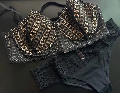New Adore Me Nymphadora Contour Black Sexy Lace Underwire Bra 36DD Panties Set - Image 1 of 4