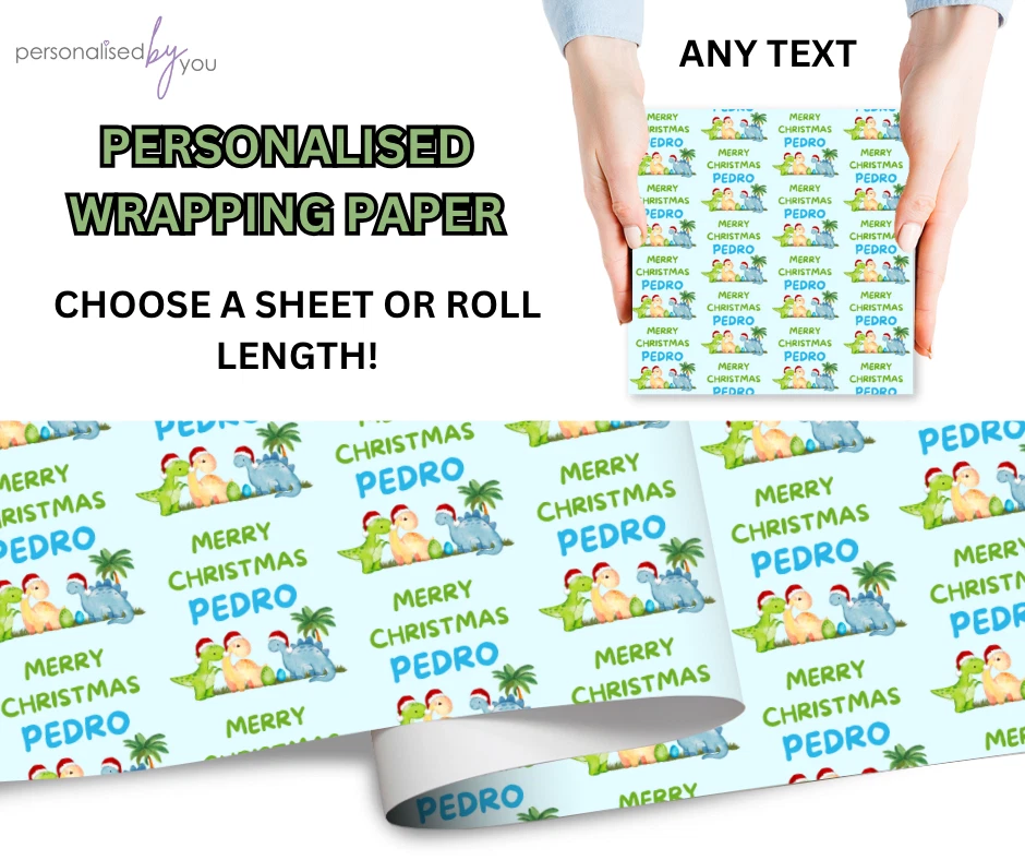 Personalised DINOSAUR Theme Christmas Gift Wrapping Paper  / Roll Any Name - Image 1 of 1