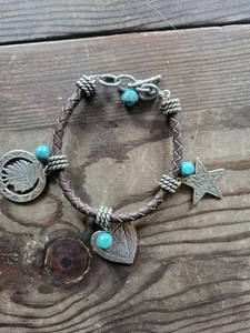 Carolyn Pollack Leather Sterling and Turquoise Bracelet Toggle 7" With 2" Adjust - Picture 1 of 9