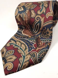 PAUL FREDRICK Handmade in USA Silk Tie BIRDS 56" Short Burgundy Red Paisley NEW - Picture 1 of 5