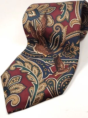PAUL FREDRICK Handmade in USA Silk Tie BIRDS 56" Short Burgundy Red Paisley NEW - Image 1 of 4
