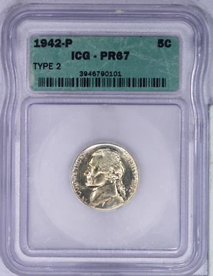 1942-P Jefferson Nickel 5c ICG PR67 PF67 - Old Holder - Type 2 - Image 1 of 4