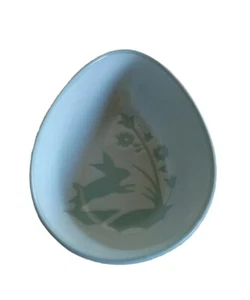 Easter Egg Shape Candy Dish Bowl Blue Ceramic Bunnies Floral Trinket - Picture 1 of 9