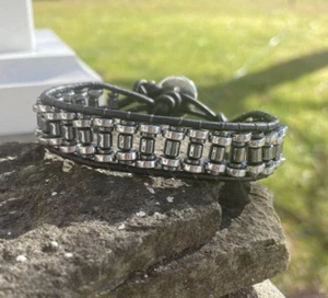 Men's Hematite Beaded Leather Bracelet with Triskelion Clasp Biker Bracelet USA - Picture 1 of 4