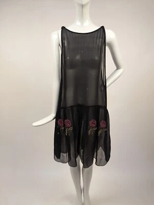 SASSY & SHORT FLAPPER 1920’S SILK CHIFFON DRESS W FLORAL GLASS BEADED BOTTOM - Image 1 of 4