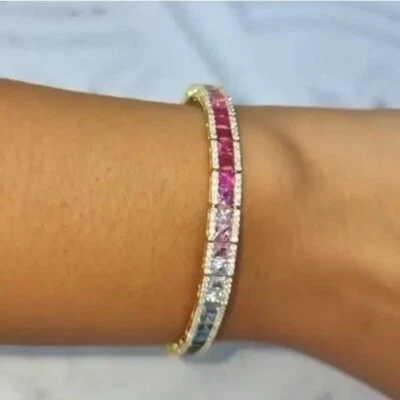 Brazalete Tenis Chapado en Oro Blanco 14K Zafiro Arco Iris Corte Princesa 15,60 Ctw Foto 1 de 4