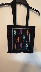 Embroidered Cat Canvas Tote Bag Black Shoulder Strap Purse - Picture 1 of 8