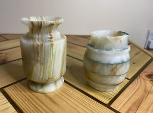 x2 Vintage Onyx Vases Pots- Decorative Marble Design- Pencil Storage