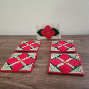 Vintage Plastic Canvas Flower Basket Coaster Set Cross Stitch Handmade - Picture 1 of 4