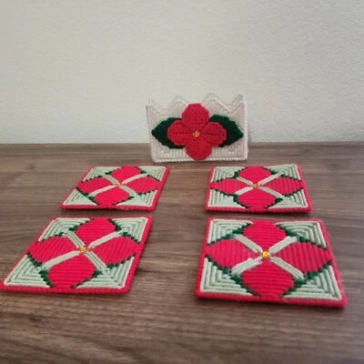 Vintage Plastic Canvas Flower Basket Coaster Set Cross Stitch Handmade - Image 1 of 4