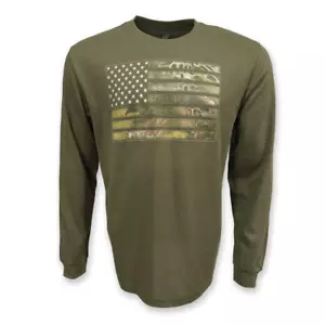 Men's Large Army Green Long Sleeve Crew Neck T-Shirt Patriotic USA Flag Graphic - Picture 1 of 3