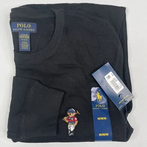 Polo Ralph Lauren MEDIUM Sleepwear Bear Waffle Knit Long Sleeve Shirt Black - Picture 1 of 5