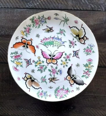 Plato/placa de pared de mariposas decoración oriental asiática jardín pintado a mano Foto 1 de 4