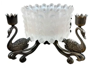 SILVER Metal Swan Candelabra CANDLE HOLDER Frosted Glass CENTER BOWL Decorative - Picture 1 of 11