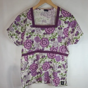 Medgear Purple Floral Scrub Top Size Medium Square Neck  - Picture 1 of 10