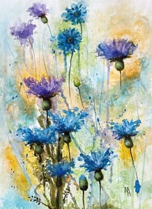 Cornflowers. Original abstract acrylic painting on paper. 16'' x 12''. - Picture 1 of 6