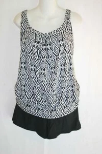 14W BLOUSON BAND HIDE THE MUFFIN TOP TANKINI BLACK WHITE TRIBAL SWIM SHORTS 1X - Picture 1 of 6