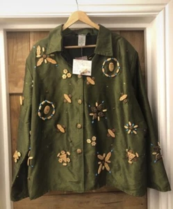 Indigo Moon Jacket Olive Green Jacket Shirt Top Wood Embellished SzXXXL - Picture 1 of 7