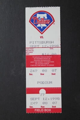 Philadelphia Phillies vs Pittsburgh Pirates Ticket Stub Sept 12 1998 - Image 1 of 2
