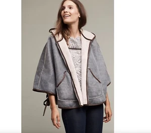 Anthropologie Reversible Hooded Sherpa Cape Zip Up Women's Poncho - Picture 1 of 12
