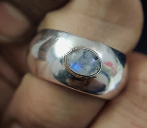 Natural Oval Blue Fire Moonstone Ring 925 Sterling Silver Rainbow Moonstone Ring - Picture 1 of 14