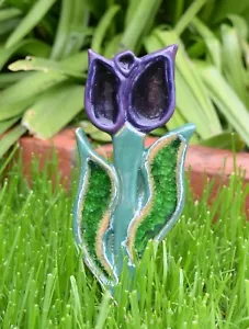 Hand Made Purple Tulip Flower Ceramic Glass Frost Proof Garden Indoor Ornament - Picture 1 of 3