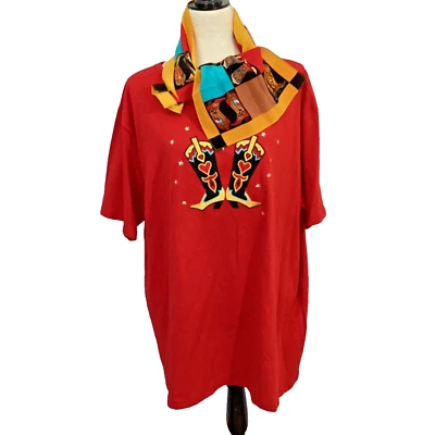 NUEVO CON ETIQUETAS DE COLECCIÓN BOB MACKIE CONJUNTO DE ARTE PORTÁTIL (2) CAMISETA ROJA BUFANDA BOTAS VAQUERAS OCCIDENTALES 2X Foto 1 de 4