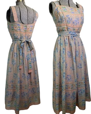 Vintage Miss Elliette Pastel Floral Sundress Blueberries Zip Belt 1960s 70s S - Image 1 of 4