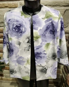 Alfred Dunner Blazer Women's 16 Purple White Floral Open Front 3/4 Sleeve Career - Picture 1 of 7