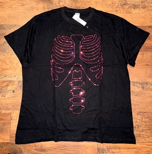 Victoria's Secret Pink Bling Rhinestone Skeleton Halloween Campus Tee Black L XL - Picture 1 of 4