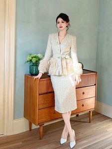 Damen Herbst verdickte lose französische Jacke Pailletten Wolle Cardigan Trenchcoat - Bild 1 von 22