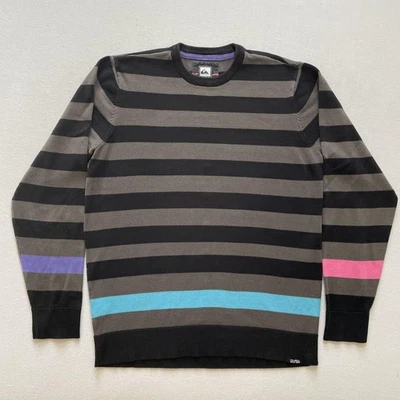 Vintage Quiksilver Sweater Mens Medium Black Gray Striped Crewneck Knit Surf Y2K - Image 1 of 4