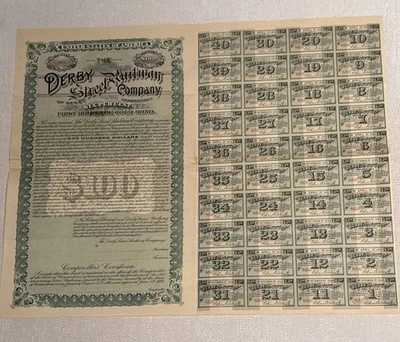 Derby Street Railway Bond 1893 + (40) cupones trolley eléctrico temprano Connecticut Foto 1 de 4