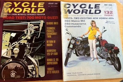 2 X 1968 Cycle World MOTORCYCLE MAGAZINES Road Test Moto Guzzi Indian Honda Maco - Image 1 of 4