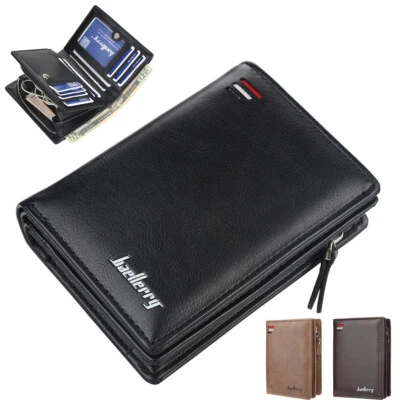 Cartera de cuero para hombre delgada con soporte para tarjeta de crédito con cremallera bolsillo billetera regalo Foto 1 de 4