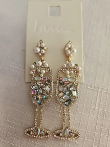 NEW IAM beaded CRYSTALS EARRINGS CHAMPAGNE GLASSES 2.5” Long New Year - Picture 1 of 4