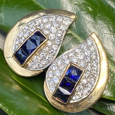 Винтажные серьги-усадьбы с сапфирами и бриллиантами бывшие в употреблении желтое золото 14 карат - Изображение 1 из 4