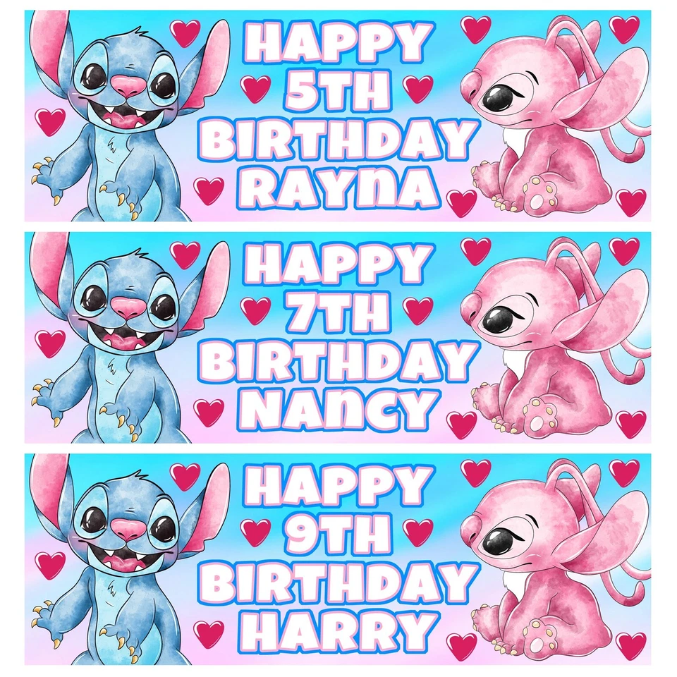 STITCH & ANGEL Personalised Birthday Banners - Disney Stitch Birthday Banners D2 - Image 1 of 1