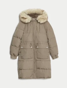 M&S Marks & Spencer Mocha Brown Faux Fur Trim Quilted Hooded Coat Size 18 NEW - Picture 1 of 24