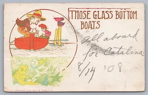Glasboden Bootsfahrten seltsame Comickarte anthropomorphe Fische UDB Postkarte K5 - Bild 1 von 3