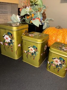 Tin set of 3 different size tea tins, empty,gold w. floral + bird Vintage - Picture 1 of 4